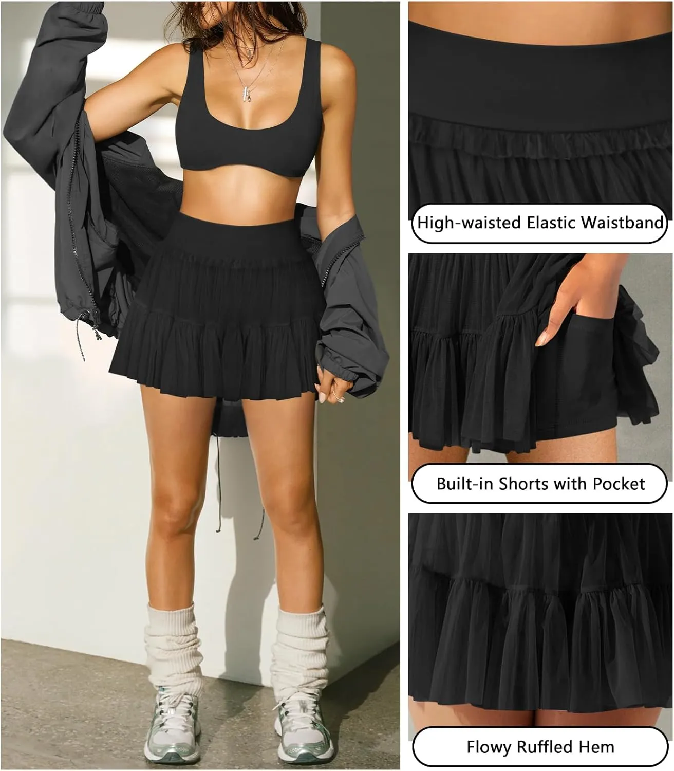 Women's Pleated Flowy Ruffle Tennis Skirt Skort for Women High Waisted Mini Athletic Golf Skirt with Shorts Pocket