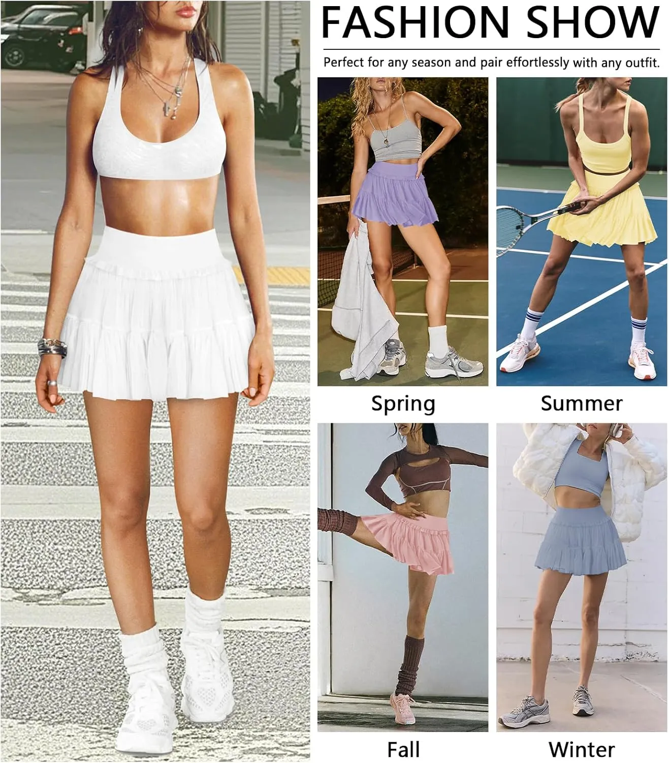 Women's Pleated Flowy Ruffle Tennis Skirt Skort for Women High Waisted Mini Athletic Golf Skirt with Shorts Pocket