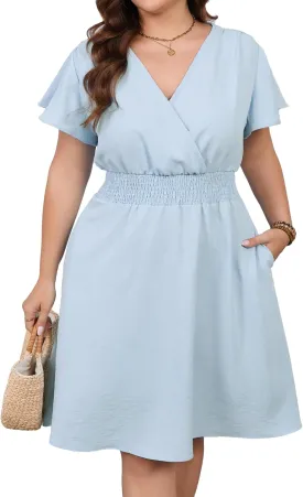 Women's Plus Size Midi Dress Ruffle Short Sleeve A-Line Swing Dress V Neck Flowy Casual Dresses with Pockets