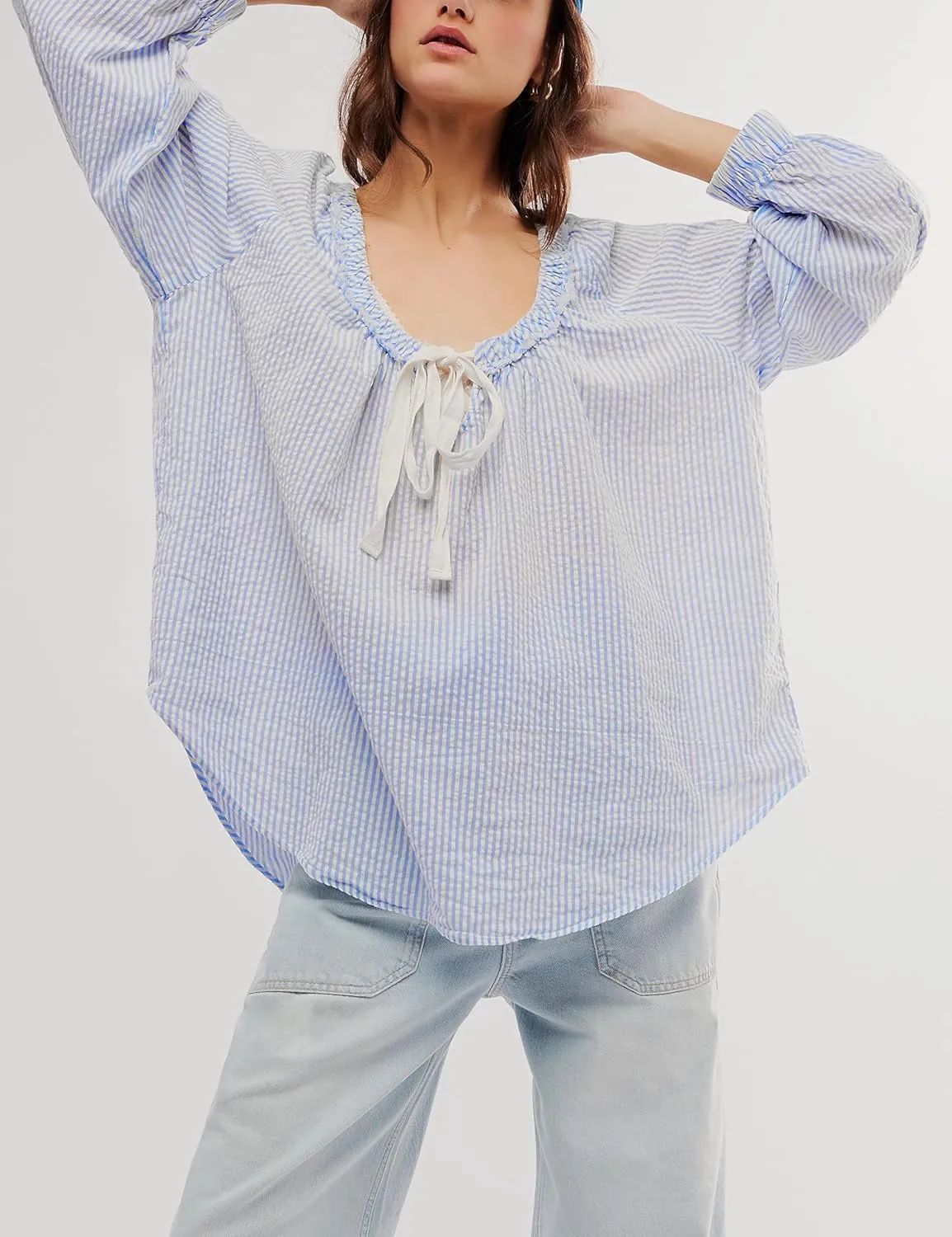 Womens Striped Blouse Long Sleeve Shirts Bow Tie Front Casual Loose Tunic Tops
