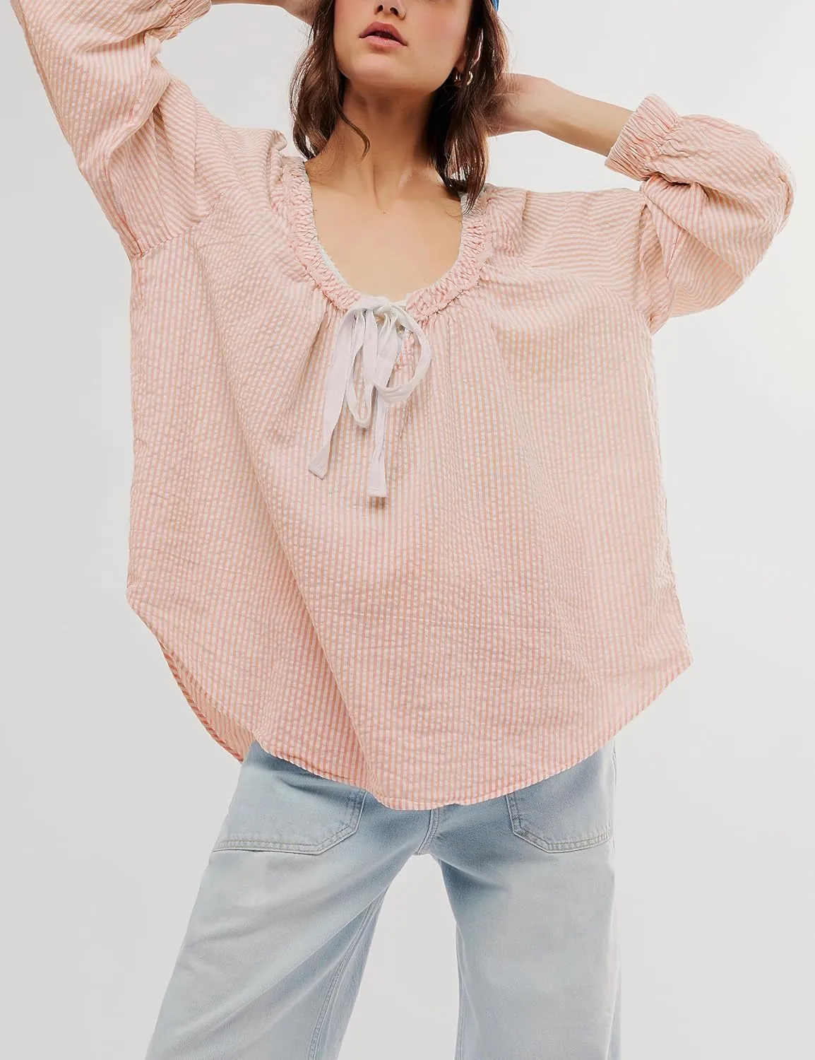 Womens Striped Blouse Long Sleeve Shirts Bow Tie Front Casual Loose Tunic Tops