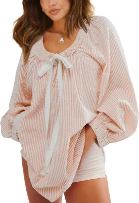 Womens Striped Blouse Long Sleeve Shirts Bow Tie Front Casual Loose Tunic Tops