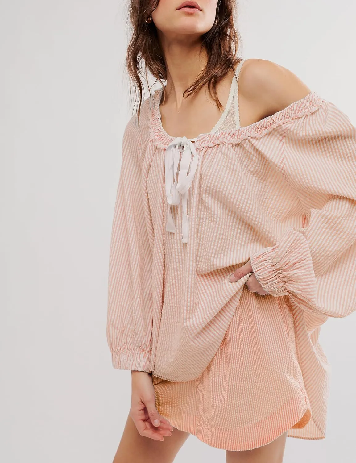 Womens Striped Blouse Long Sleeve Shirts Bow Tie Front Casual Loose Tunic Tops