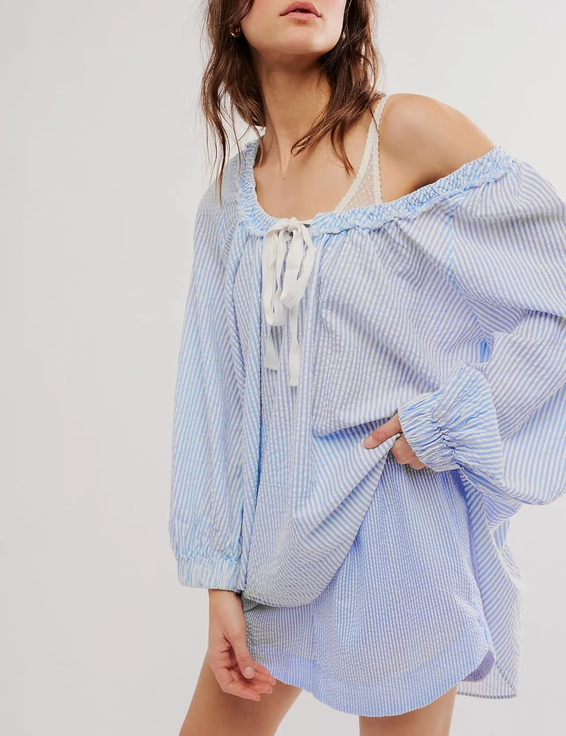 Womens Striped Blouse Long Sleeve Shirts Bow Tie Front Casual Loose Tunic Tops