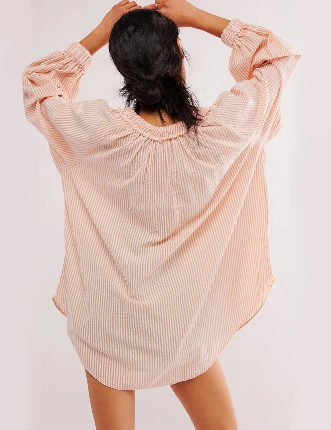 Womens Striped Blouse Long Sleeve Shirts Bow Tie Front Casual Loose Tunic Tops