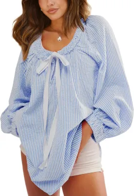 Womens Striped Blouse Long Sleeve Shirts Bow Tie Front Casual Loose Tunic Tops