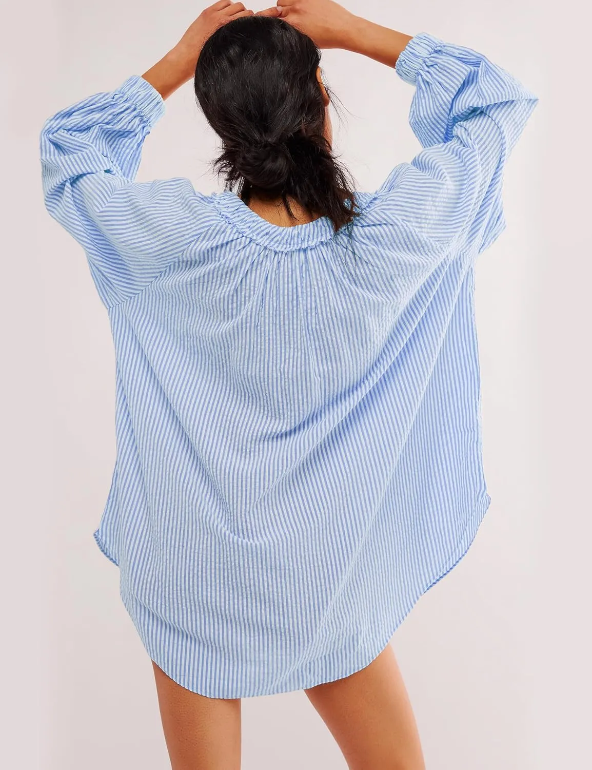 Womens Striped Blouse Long Sleeve Shirts Bow Tie Front Casual Loose Tunic Tops