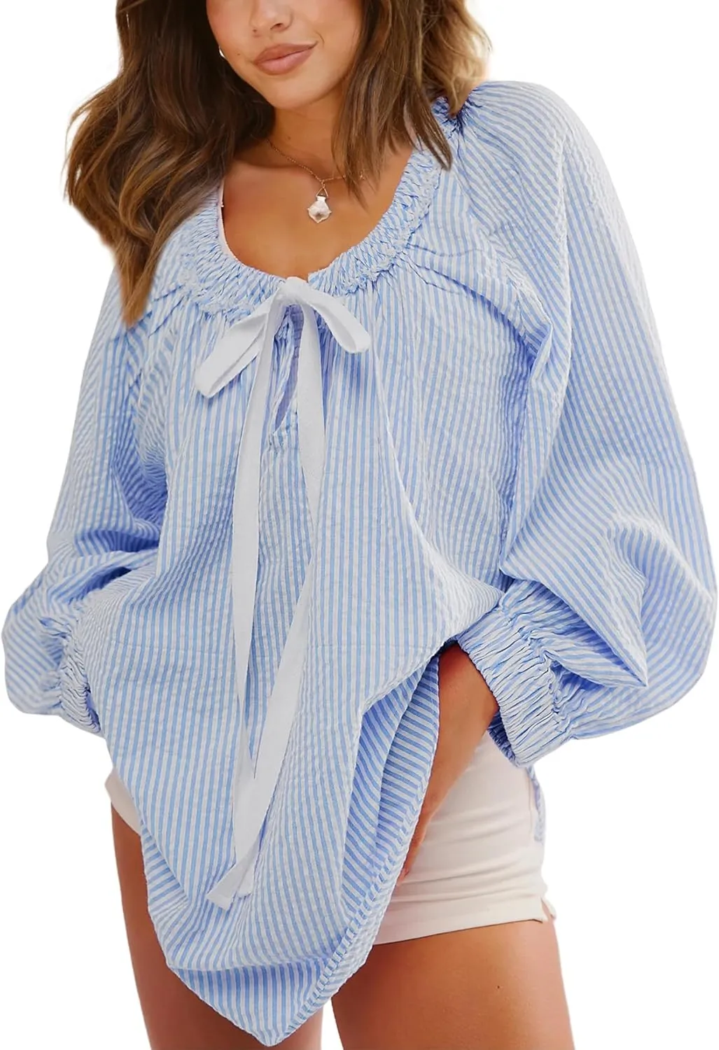 Womens Striped Blouse Long Sleeve Shirts Bow Tie Front Casual Loose Tunic Tops