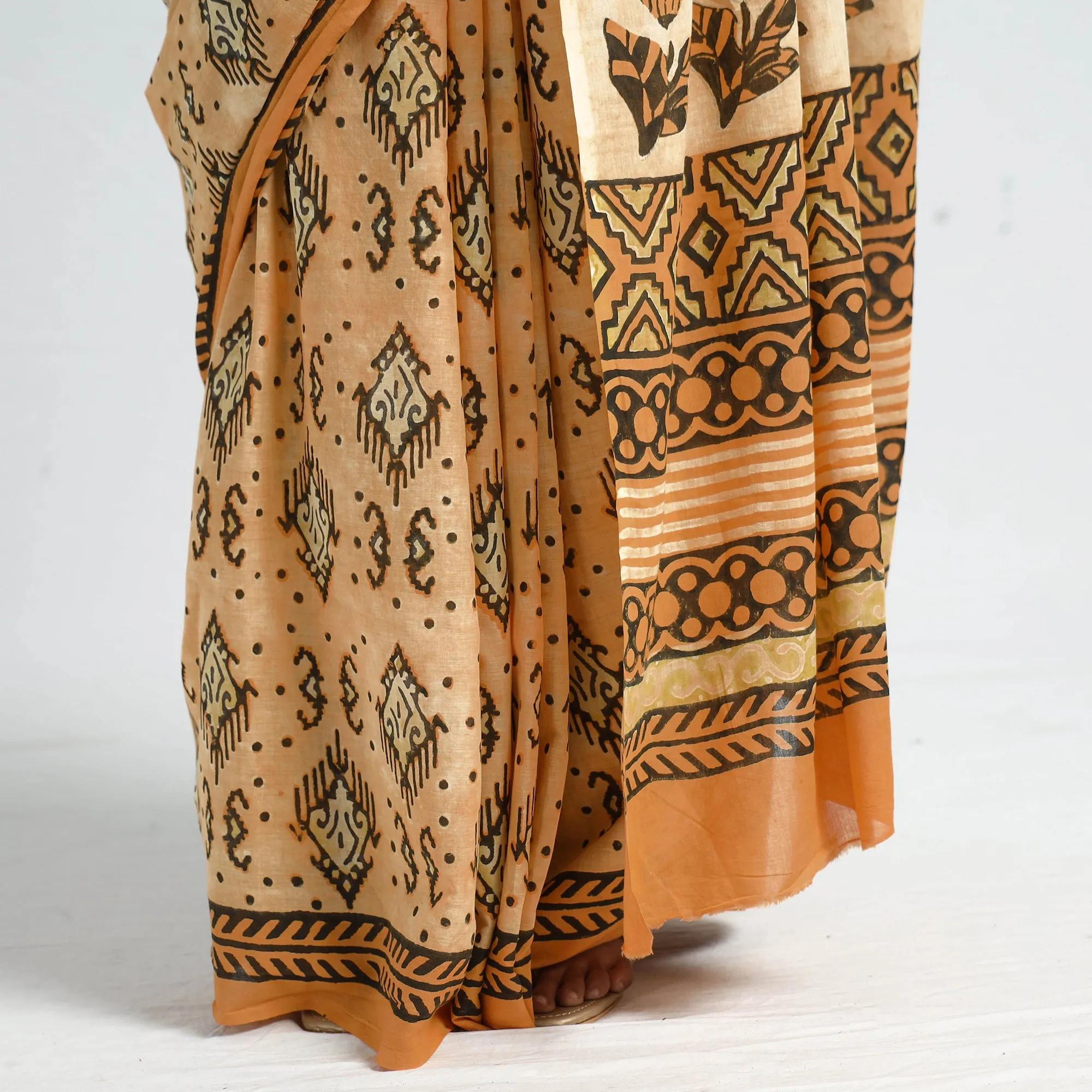 Yellow - Bagru Ajrakh Block Printed Mul Cotton Saree