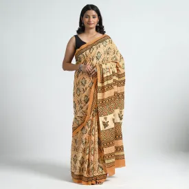 Yellow - Bagru Ajrakh Block Printed Mul Cotton Saree