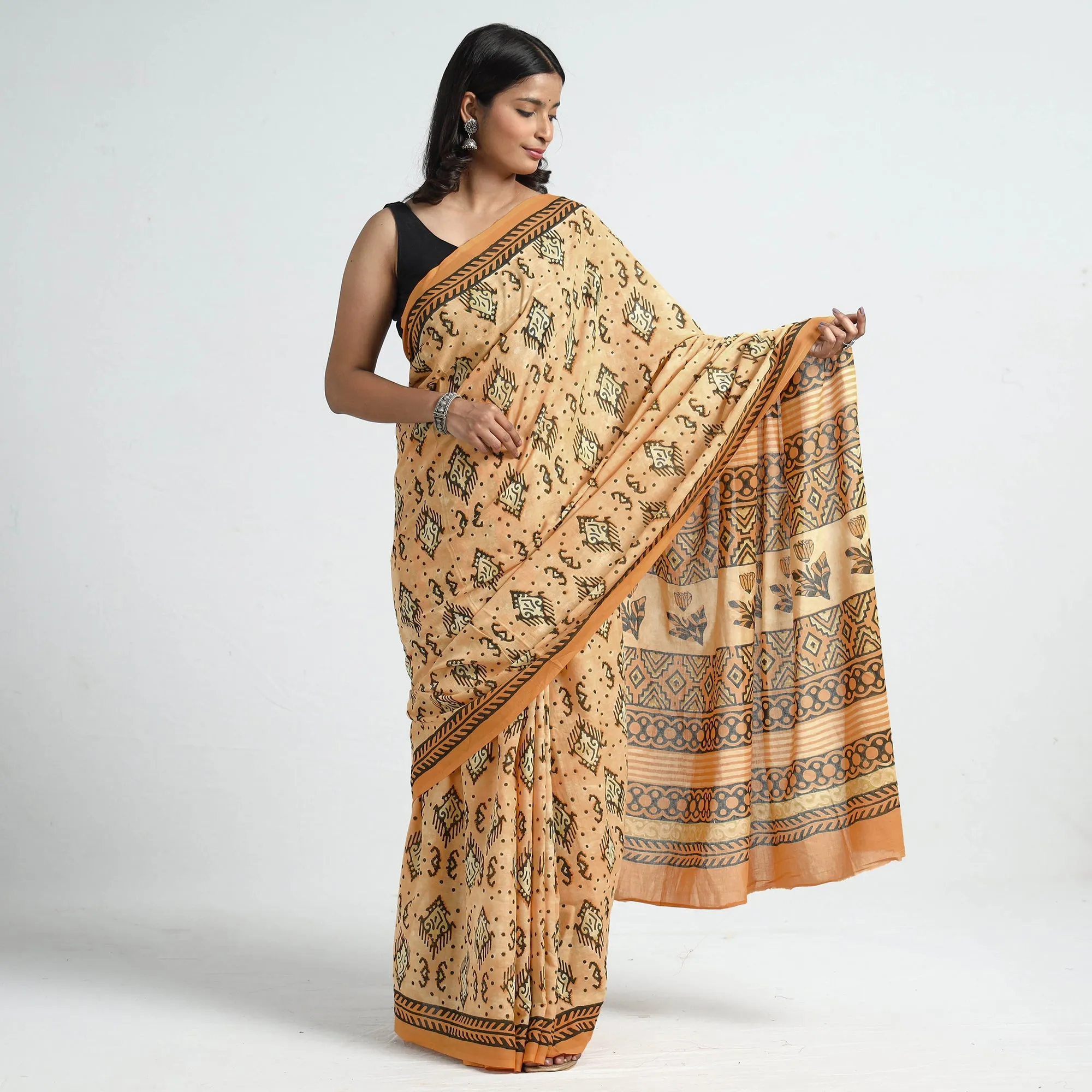 Yellow - Bagru Ajrakh Block Printed Mul Cotton Saree
