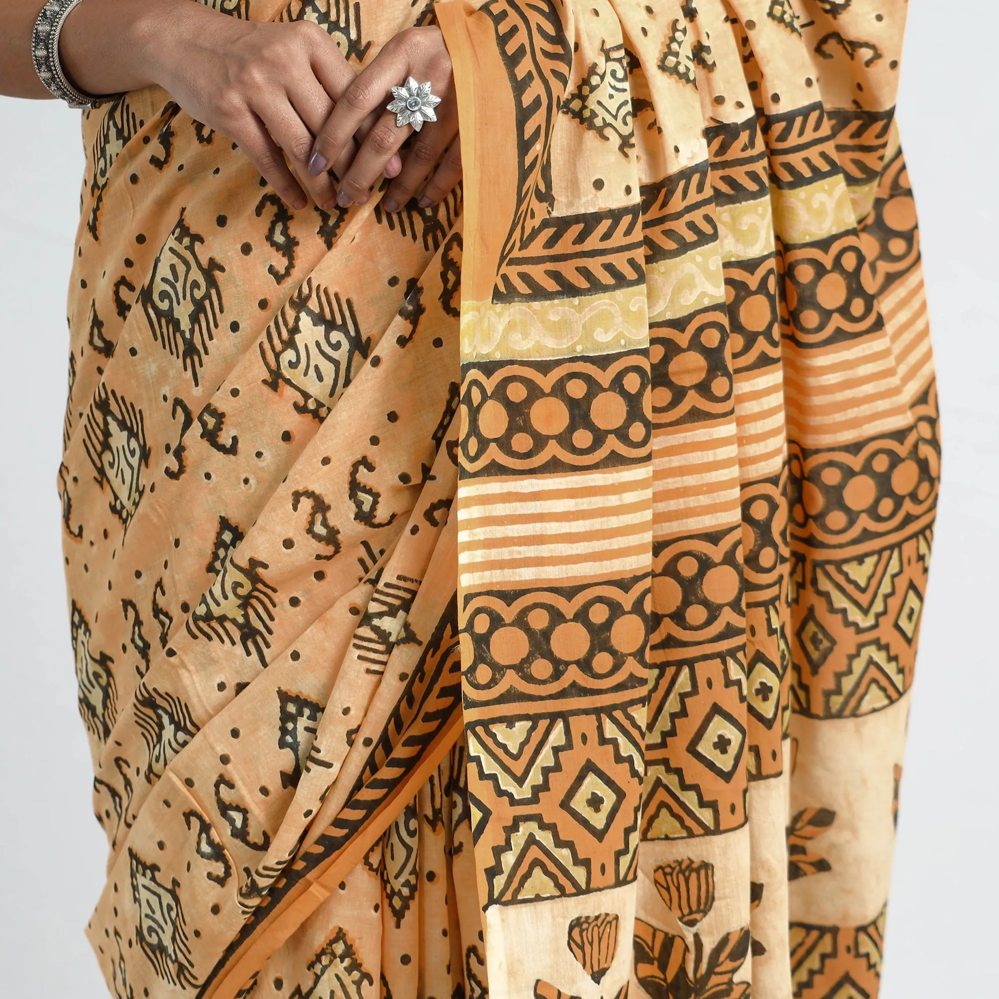 Yellow - Bagru Ajrakh Block Printed Mul Cotton Saree