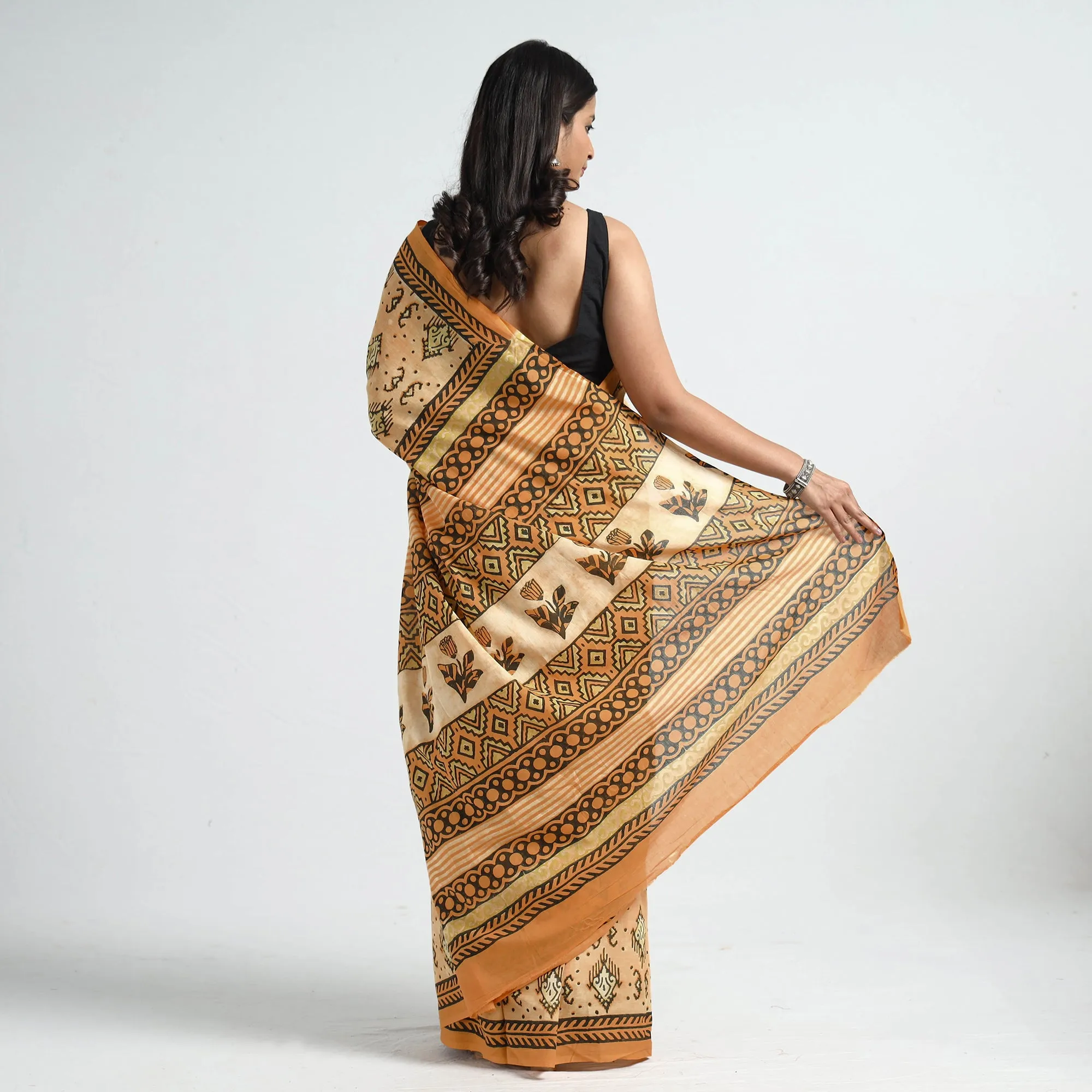 Yellow - Bagru Ajrakh Block Printed Mul Cotton Saree