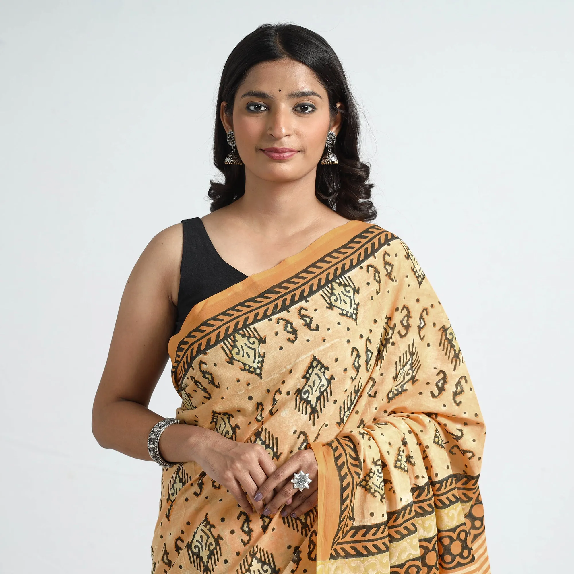 Yellow - Bagru Ajrakh Block Printed Mul Cotton Saree