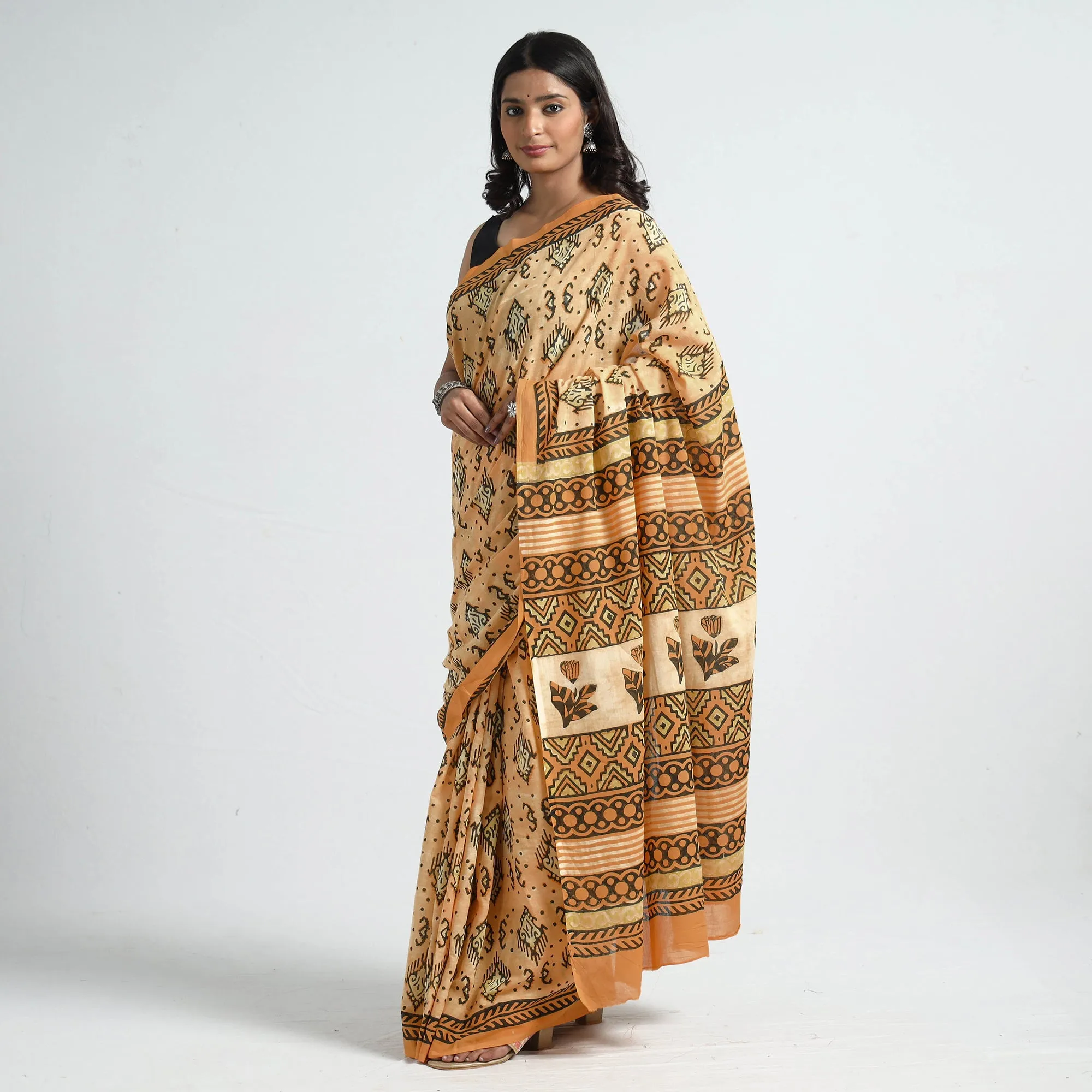 Yellow - Bagru Ajrakh Block Printed Mul Cotton Saree
