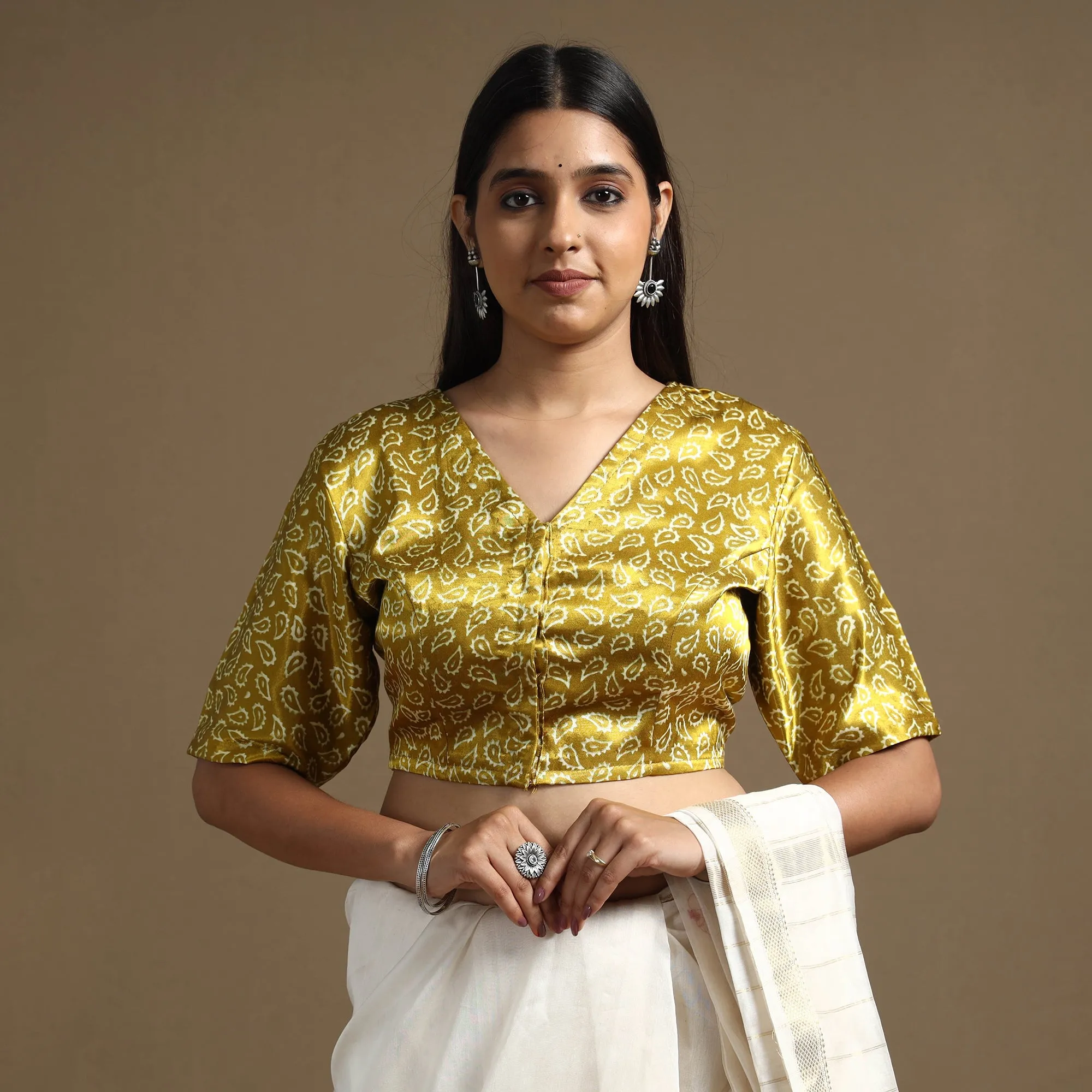 Yellow - Hand Block Printed Mashru Silk Stitched Blouse