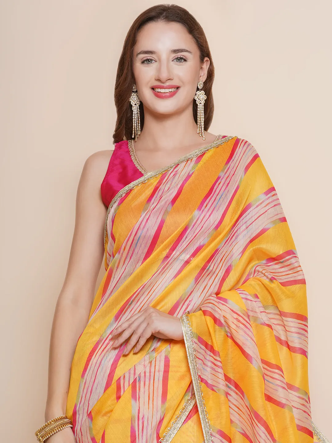 Yellow Leheriya Printed Chanderi Sarees with Embellished border