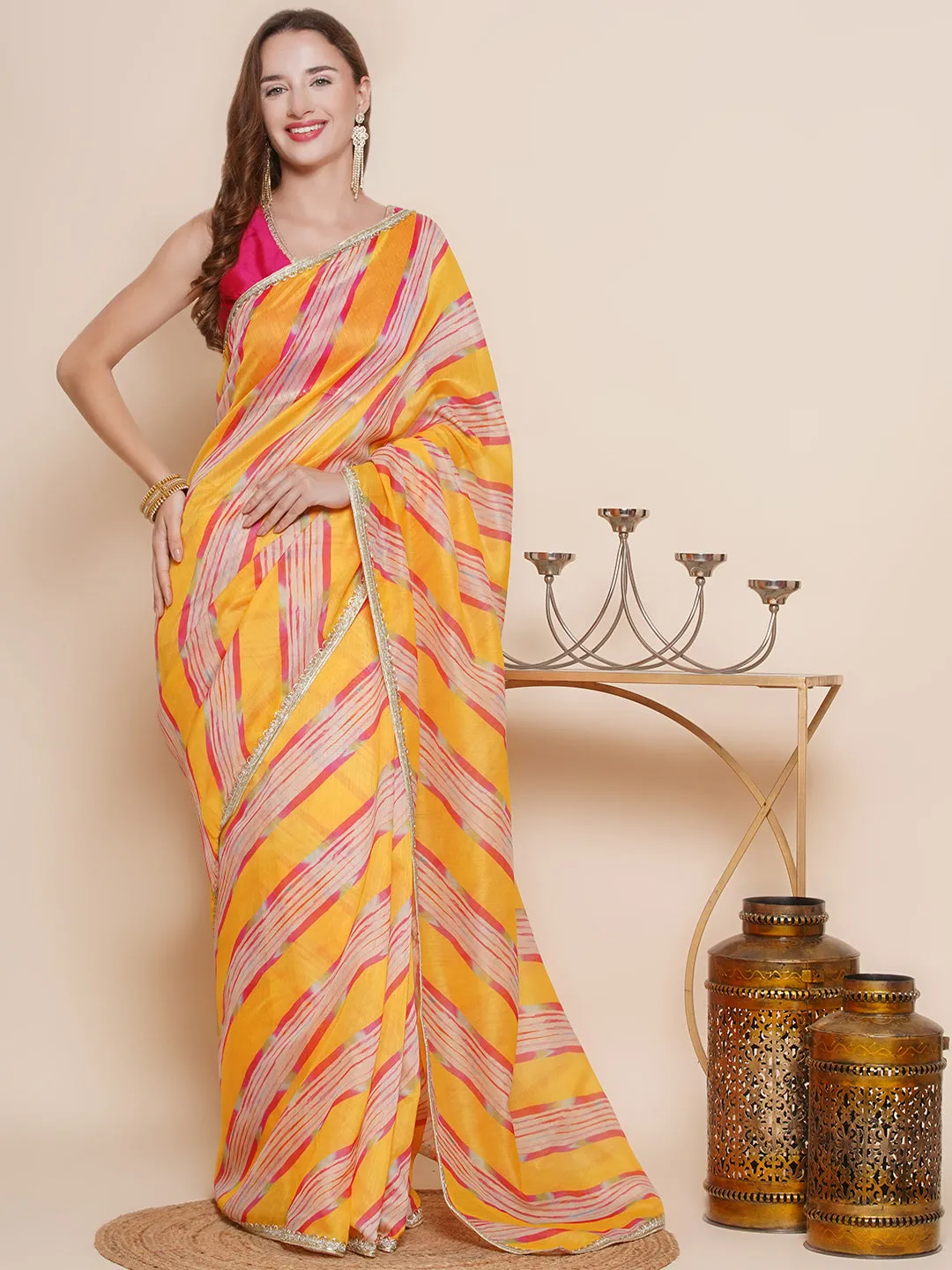 Yellow Leheriya Printed Chanderi Sarees with Embellished border