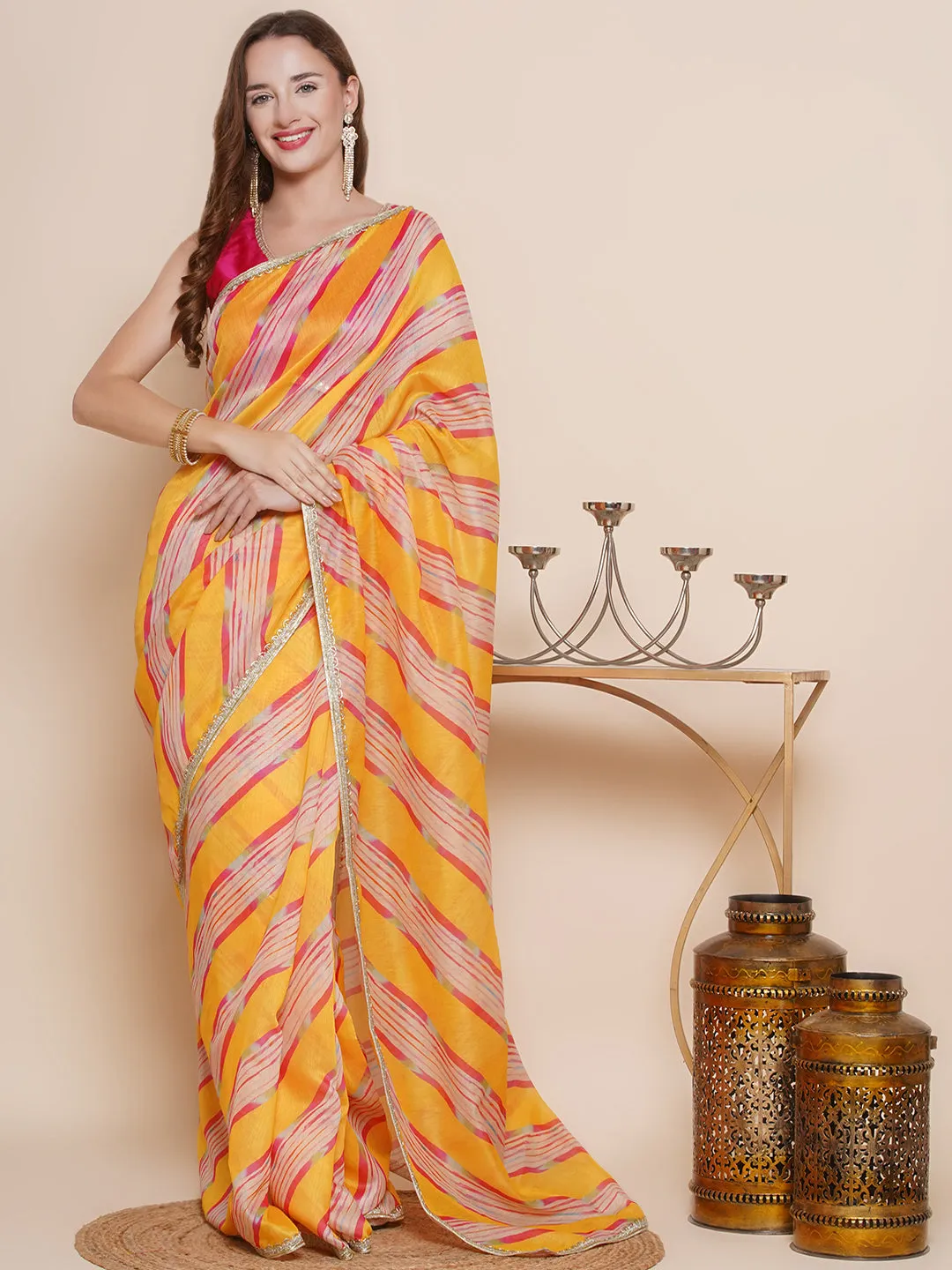 Yellow Leheriya Printed Chanderi Sarees with Embellished border