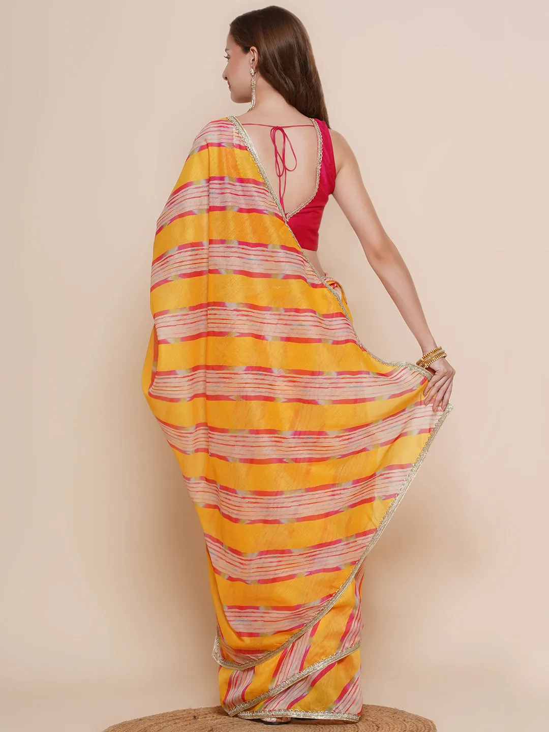 Yellow Leheriya Printed Chanderi Sarees with Embellished border