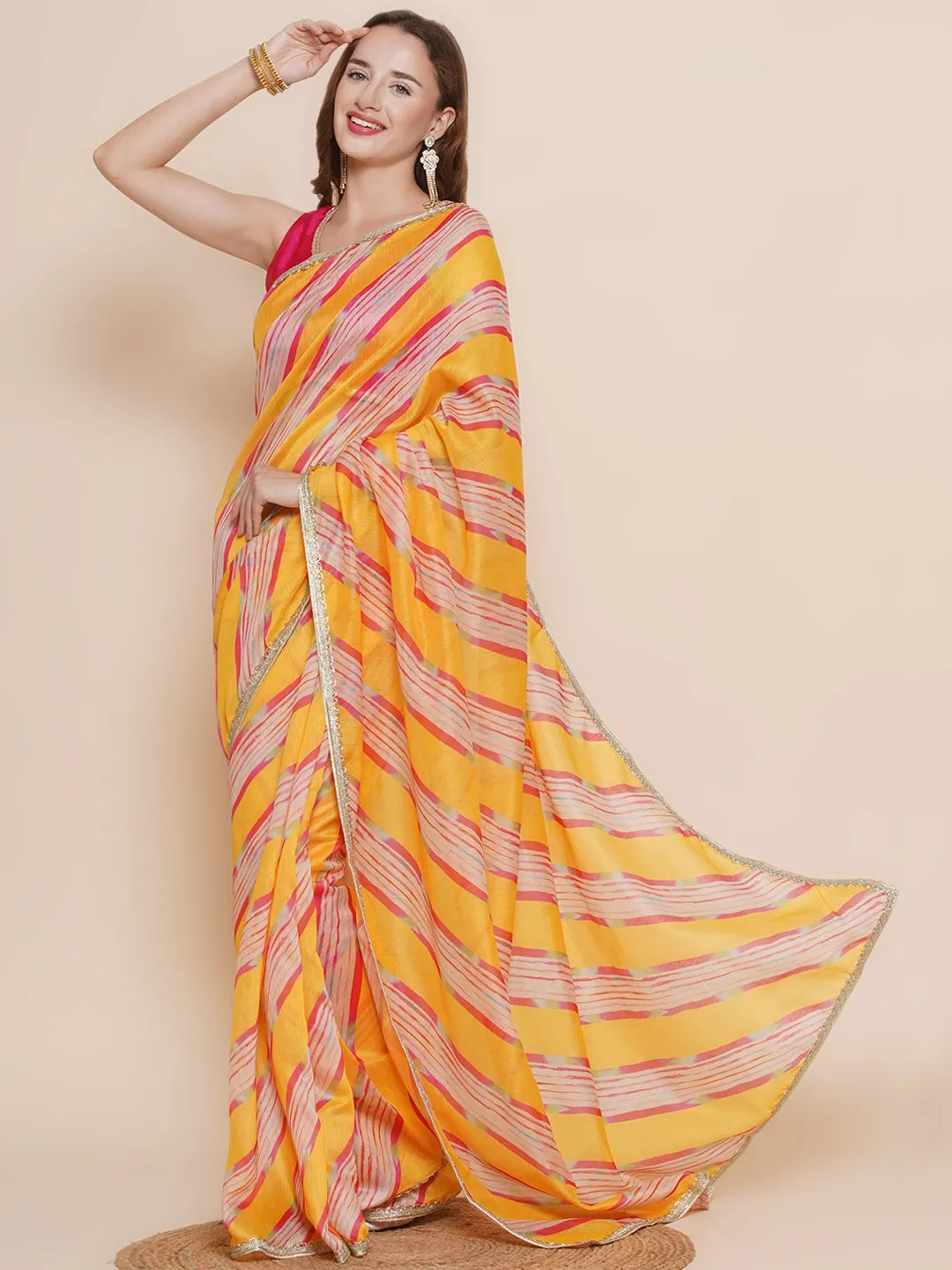 Yellow Leheriya Printed Chanderi Sarees with Embellished border