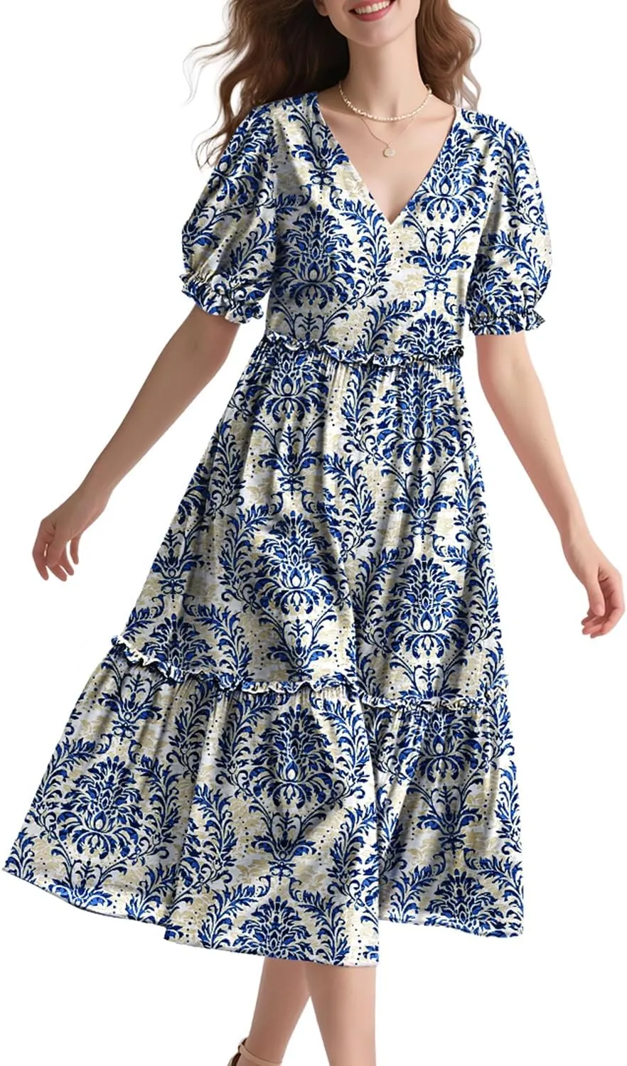 YESNO Summer Floral Midi Dresses for Women V Neck Puff Short Sleeve Frill Trim Dress with Pockets EVX