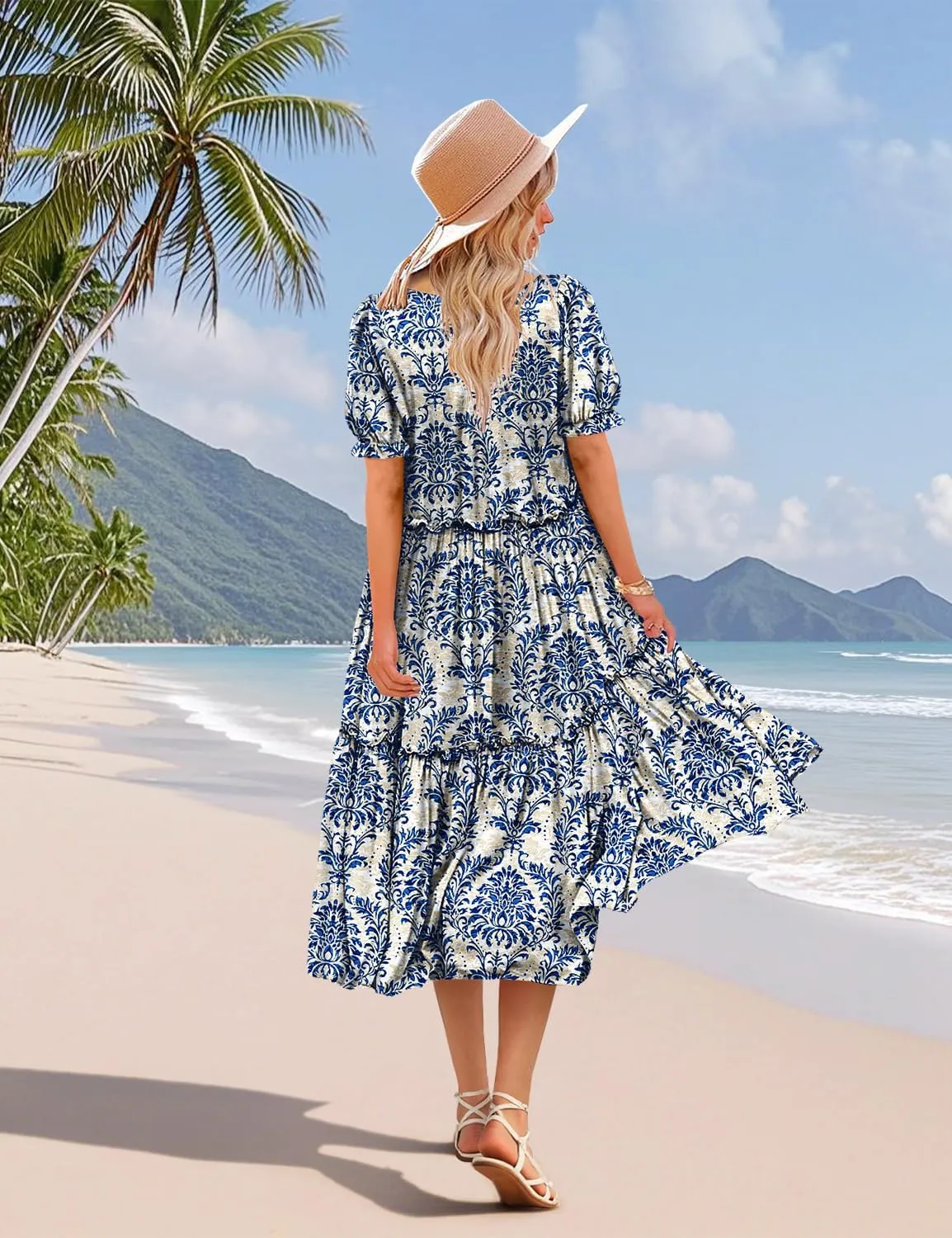 YESNO Summer Floral Midi Dresses for Women V Neck Puff Short Sleeve Frill Trim Dress with Pockets EVX