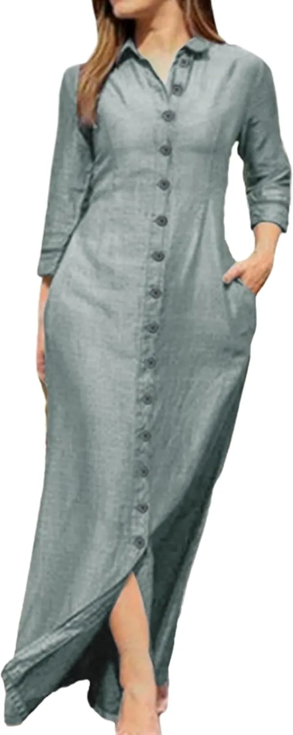 YMING Womens Long Sleeve Button Down Shirt Dress Casual Solid Color Maxi Dresses Loose Fit Blouse Dress with Pockets