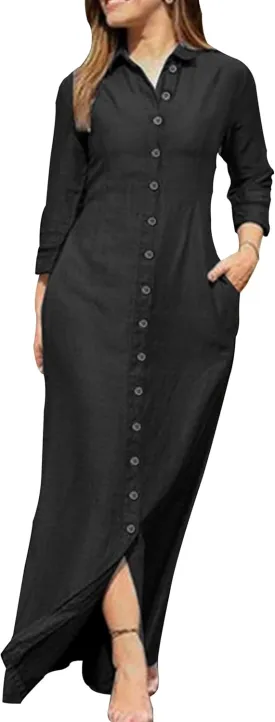 YMING Womens Long Sleeve Button Down Shirt Dress Casual Solid Color Maxi Dresses Loose Fit Blouse Dress with Pockets