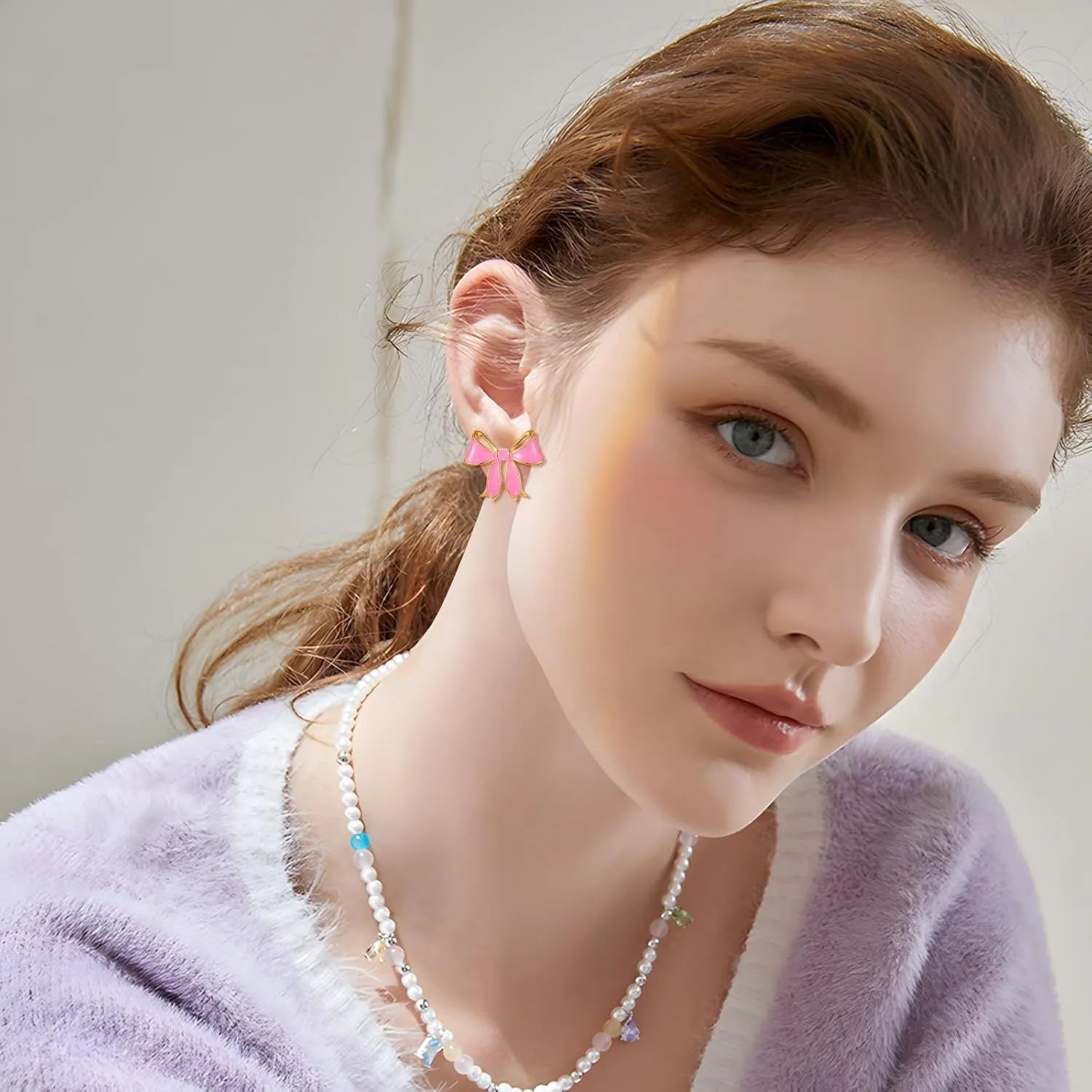 YUJIE Gold Bow Earrings for Women Teen Pink Bowtie Dainty Long Tassel Drop Stud Trendy Statement Jewelry Gift