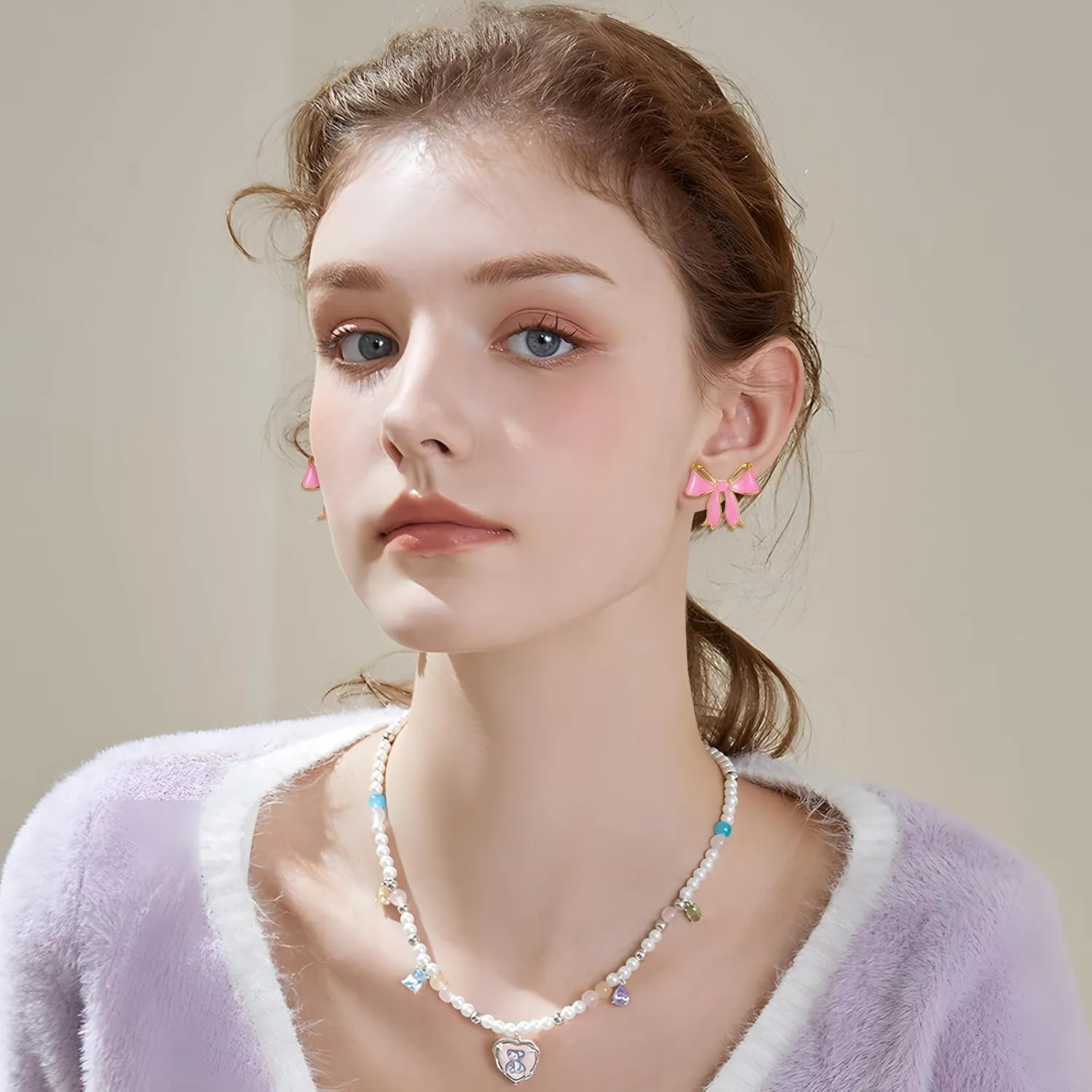 YUJIE Gold Bow Earrings for Women Teen Pink Bowtie Dainty Long Tassel Drop Stud Trendy Statement Jewelry Gift