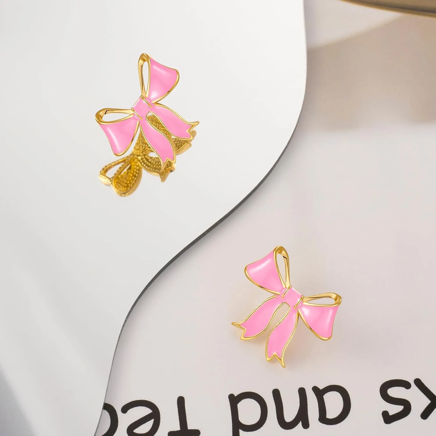 YUJIE Gold Bow Earrings for Women Teen Pink Bowtie Dainty Long Tassel Drop Stud Trendy Statement Jewelry Gift