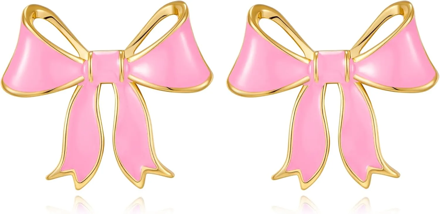 YUJIE Gold Bow Earrings for Women Teen Pink Bowtie Dainty Long Tassel Drop Stud Trendy Statement Jewelry Gift