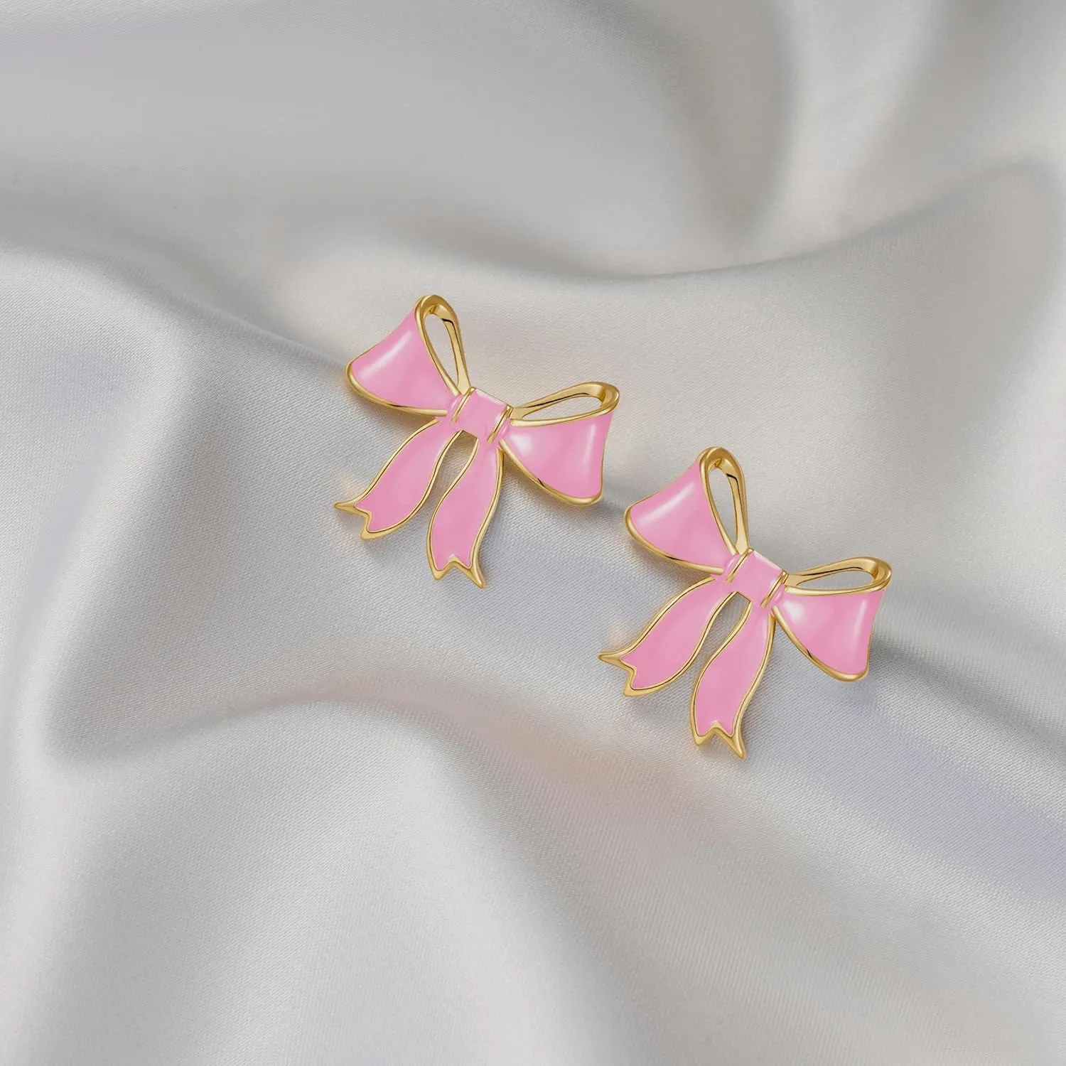 YUJIE Gold Bow Earrings for Women Teen Pink Bowtie Dainty Long Tassel Drop Stud Trendy Statement Jewelry Gift