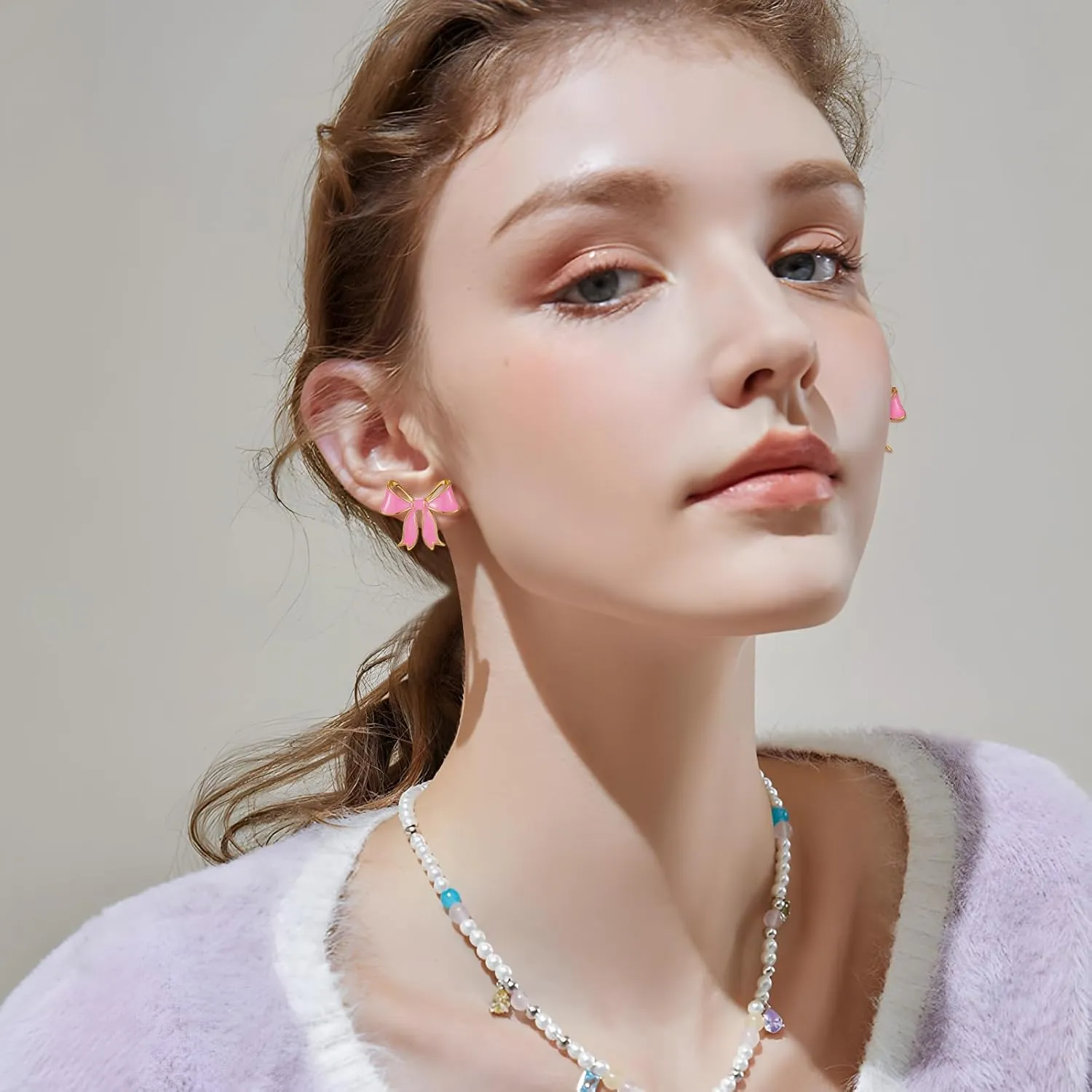 YUJIE Gold Bow Earrings for Women Teen Pink Bowtie Dainty Long Tassel Drop Stud Trendy Statement Jewelry Gift