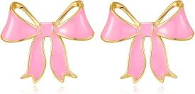 YUJIE Gold Bow Earrings for Women Teen Pink Bowtie Dainty Long Tassel Drop Stud Trendy Statement Jewelry Gift