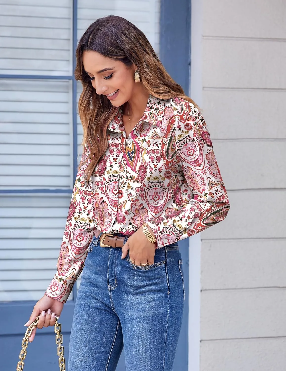 Zeagoo Button Down Shirts for Women Dressy Floral Printed Long Sleeve Blouse Business Casual Work Tops