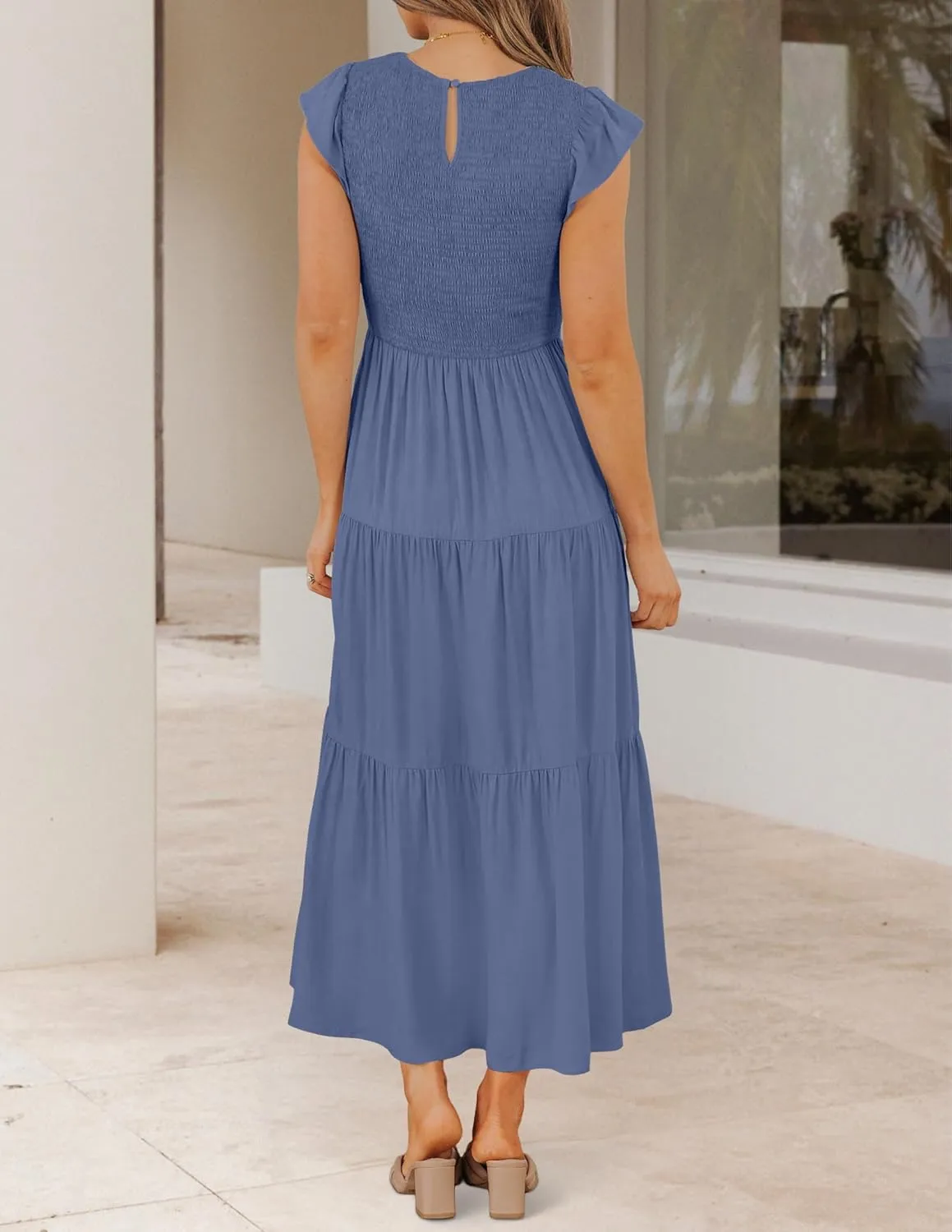 ZESICA Women's 2025 Summer Casual Flutter Short Sleeve Crew Neck Smocked Elastic Waist Tiered Midi Dress